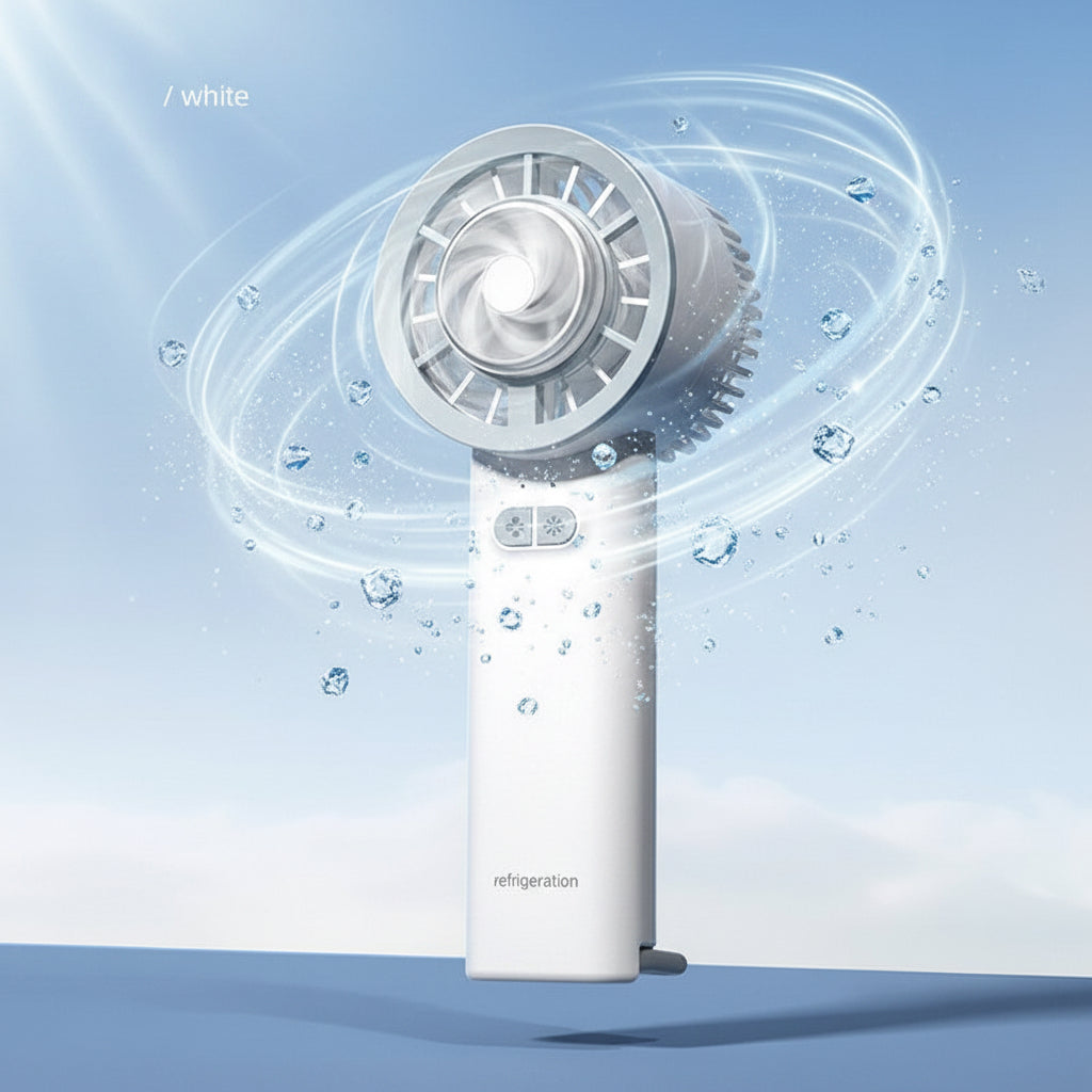 Handheld ice-cooling fan held to the neck for instant cooling